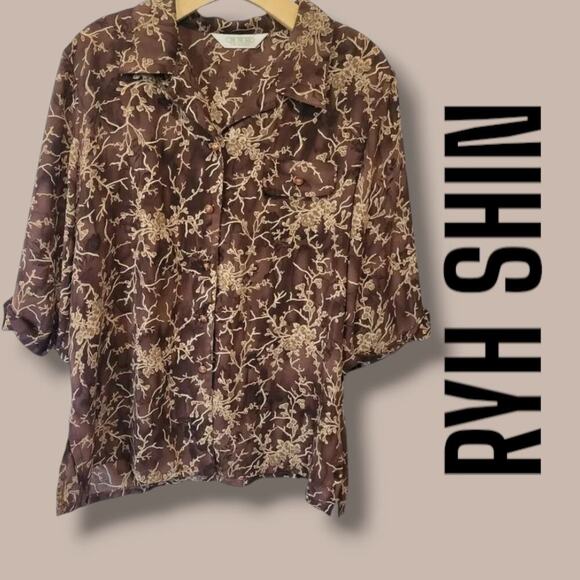 Ryh shin Women's brown floral short sleeves button-down Blouse  - medium - Picture 8 of 8